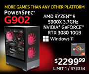 More Games the Any Other Platform - PowerSpec G902 - $2299.99; AMD Ryzen 9 5900X 3.7GHz, NVIDIA GeForce RTX 3080 10GB; Windows 11; SKU 372334